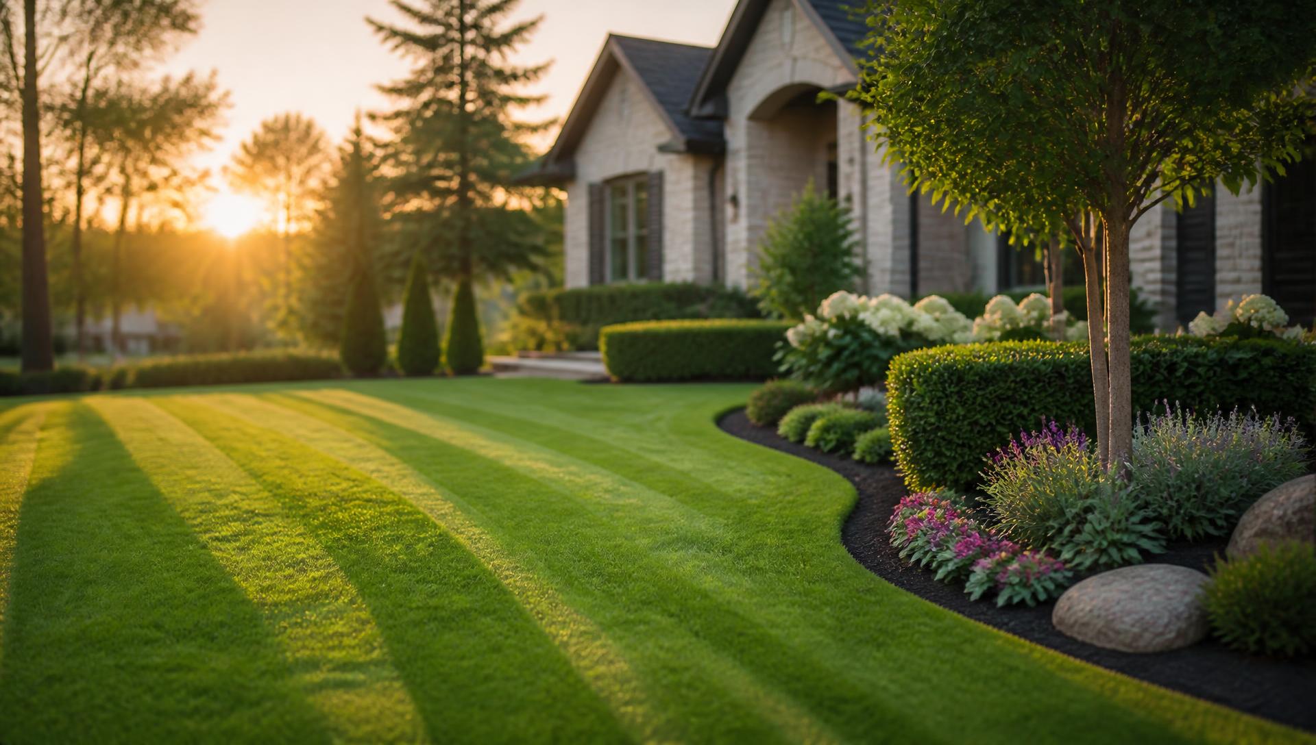 Freshly mowed striped lawn and manicured garden beds in front of a home at sunset